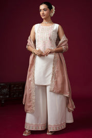 Women Off White Embroidered Straight Fit Ethnic Suit Set
