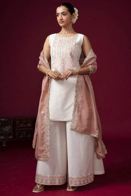 Women Off White Embroidered Straight Fit Ethnic Suit Set
