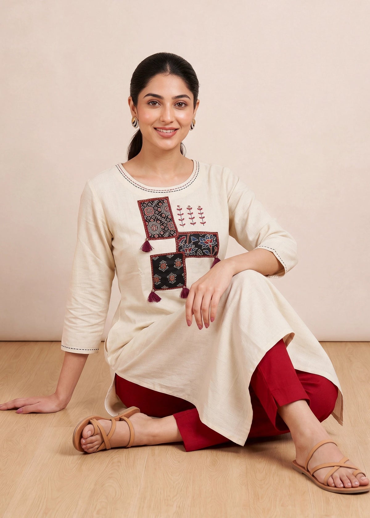 Off White Printed Cotton Straight Kurta