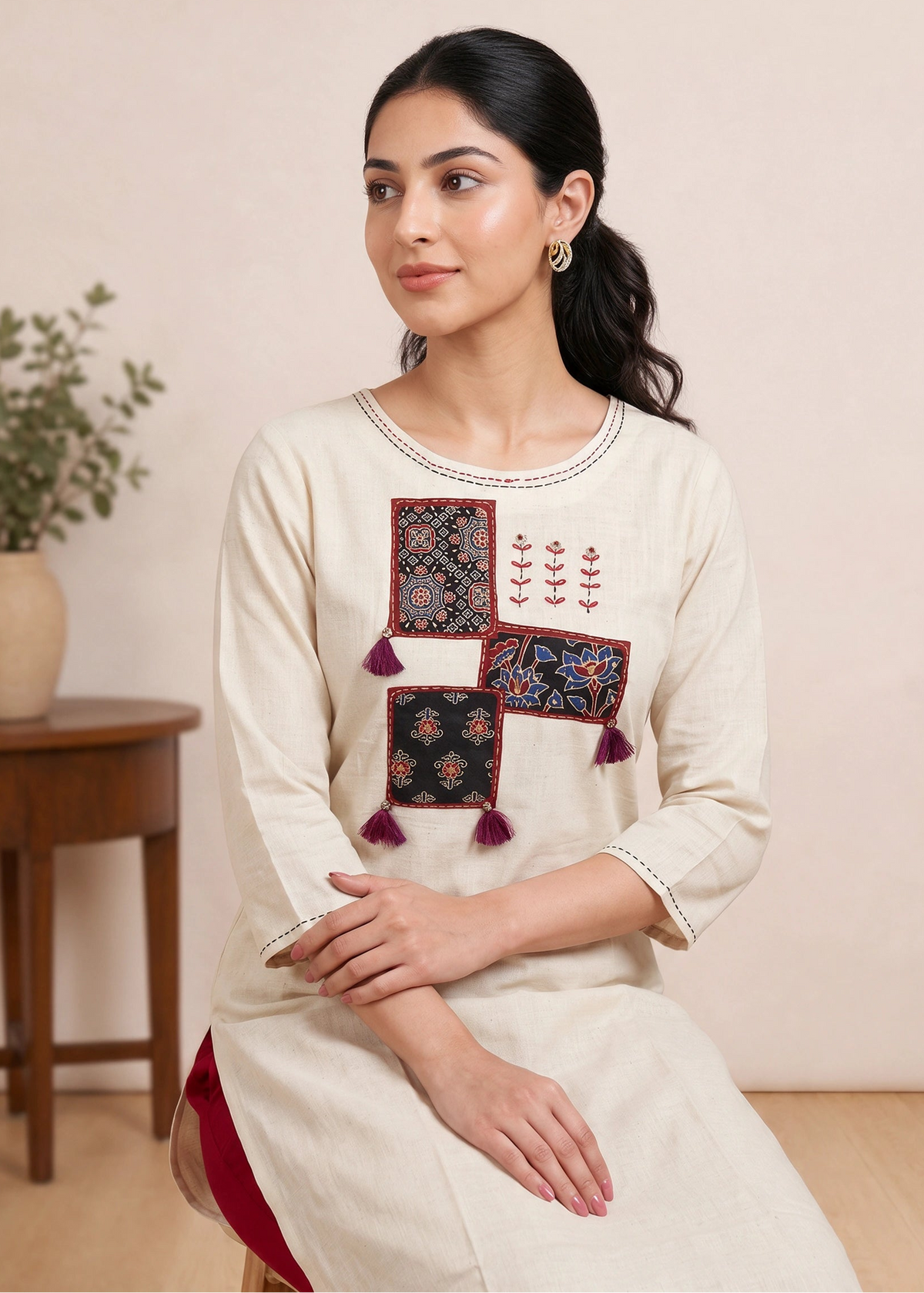 Off White Printed Cotton Straight Kurta