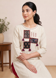 Off White Printed Cotton Straight Kurta
