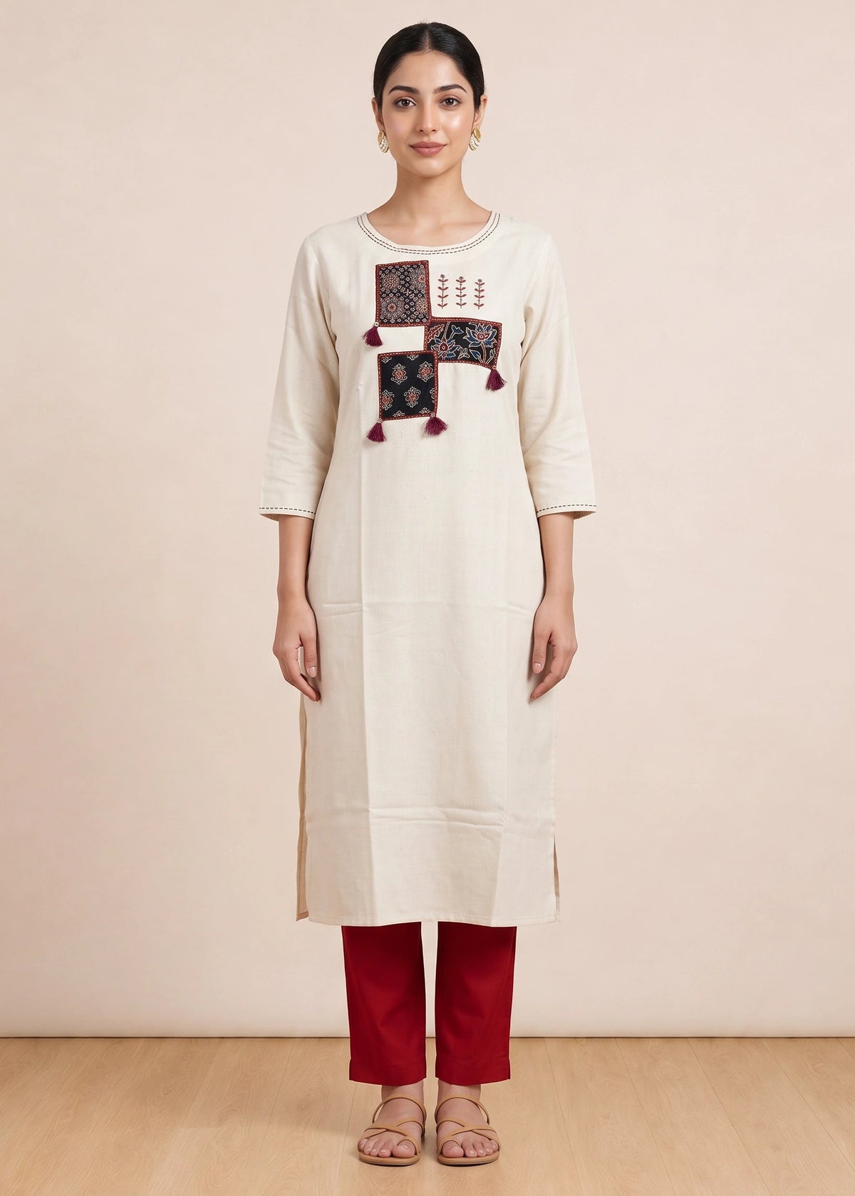 Off White Printed Cotton Straight Kurta