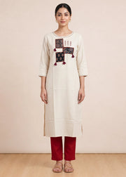 Off White Printed Cotton Straight Kurta