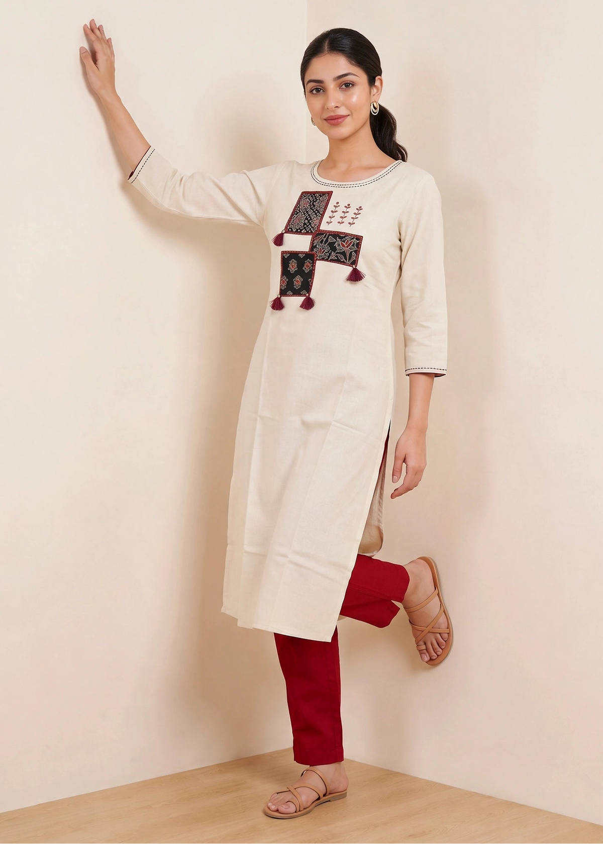 Off White Printed Cotton Straight Kurta