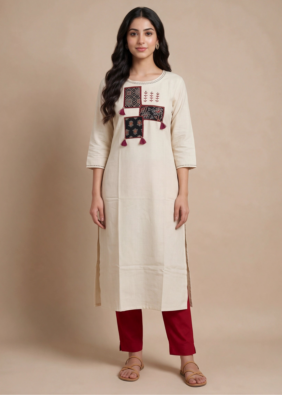 Off White Printed Cotton Straight Kurta