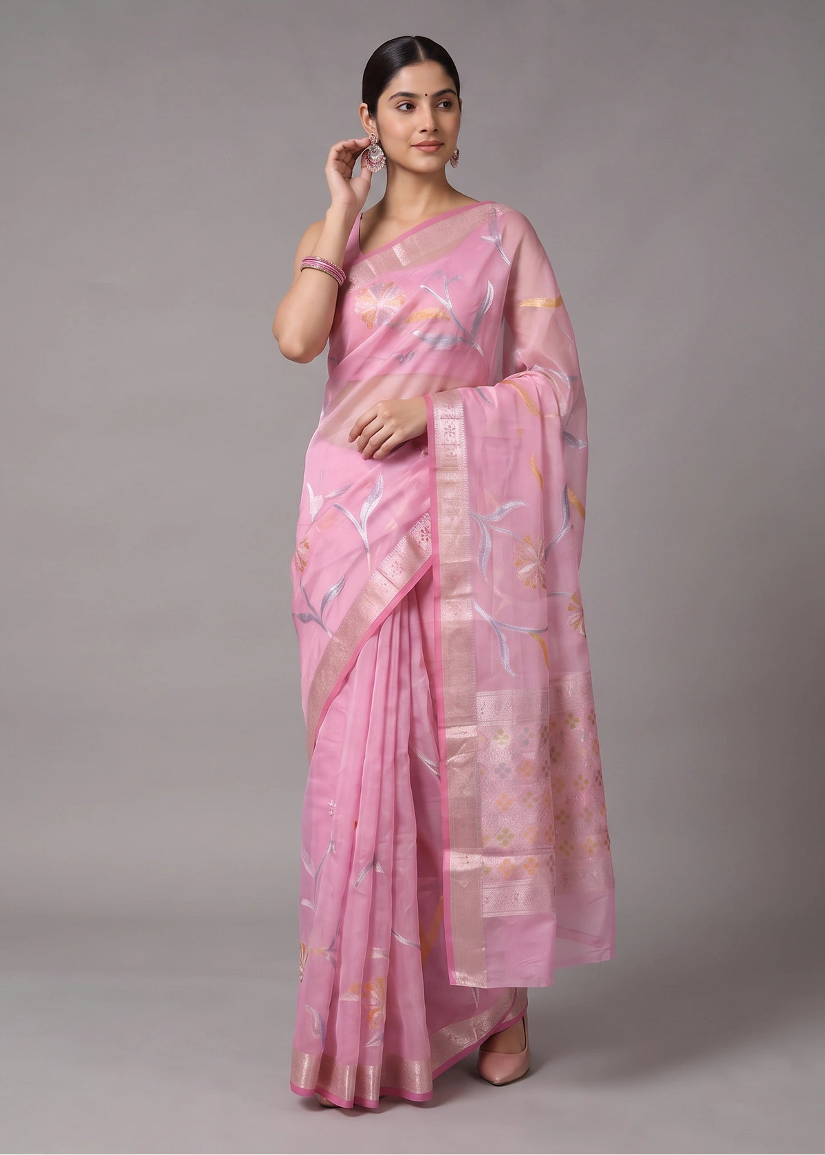 Pink Zari Woven Floral Saree