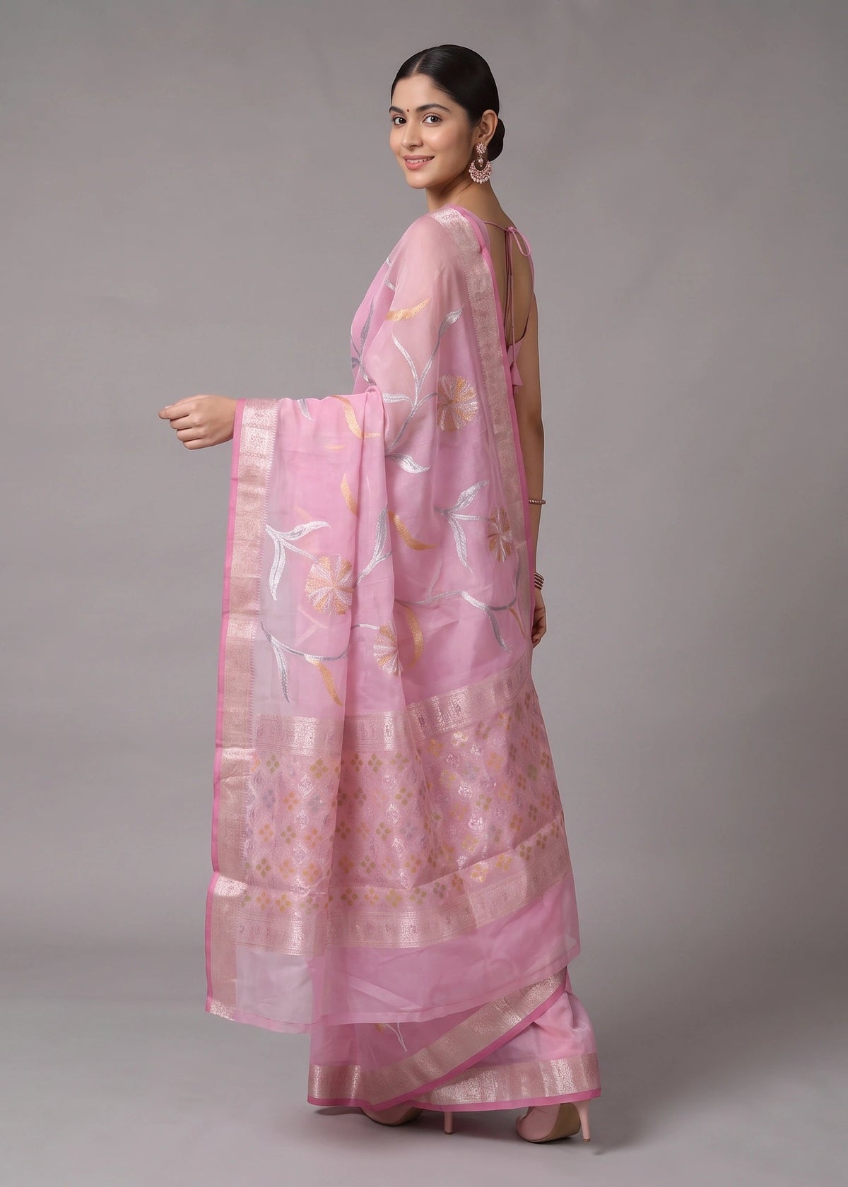 Pink Zari Woven Floral Saree