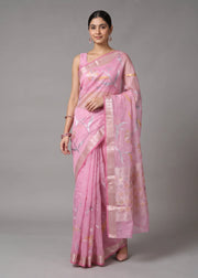 Pink Zari Woven Floral Saree
