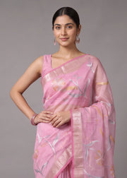 Pink Zari Woven Floral Saree
