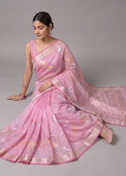 Pink Zari Woven Floral Saree