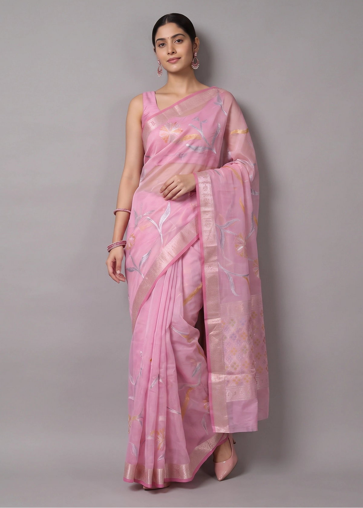 Pink Zari Woven Floral Saree