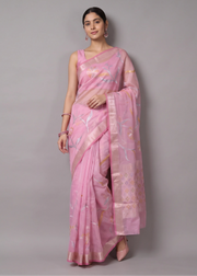 Pink Zari Woven Floral Saree