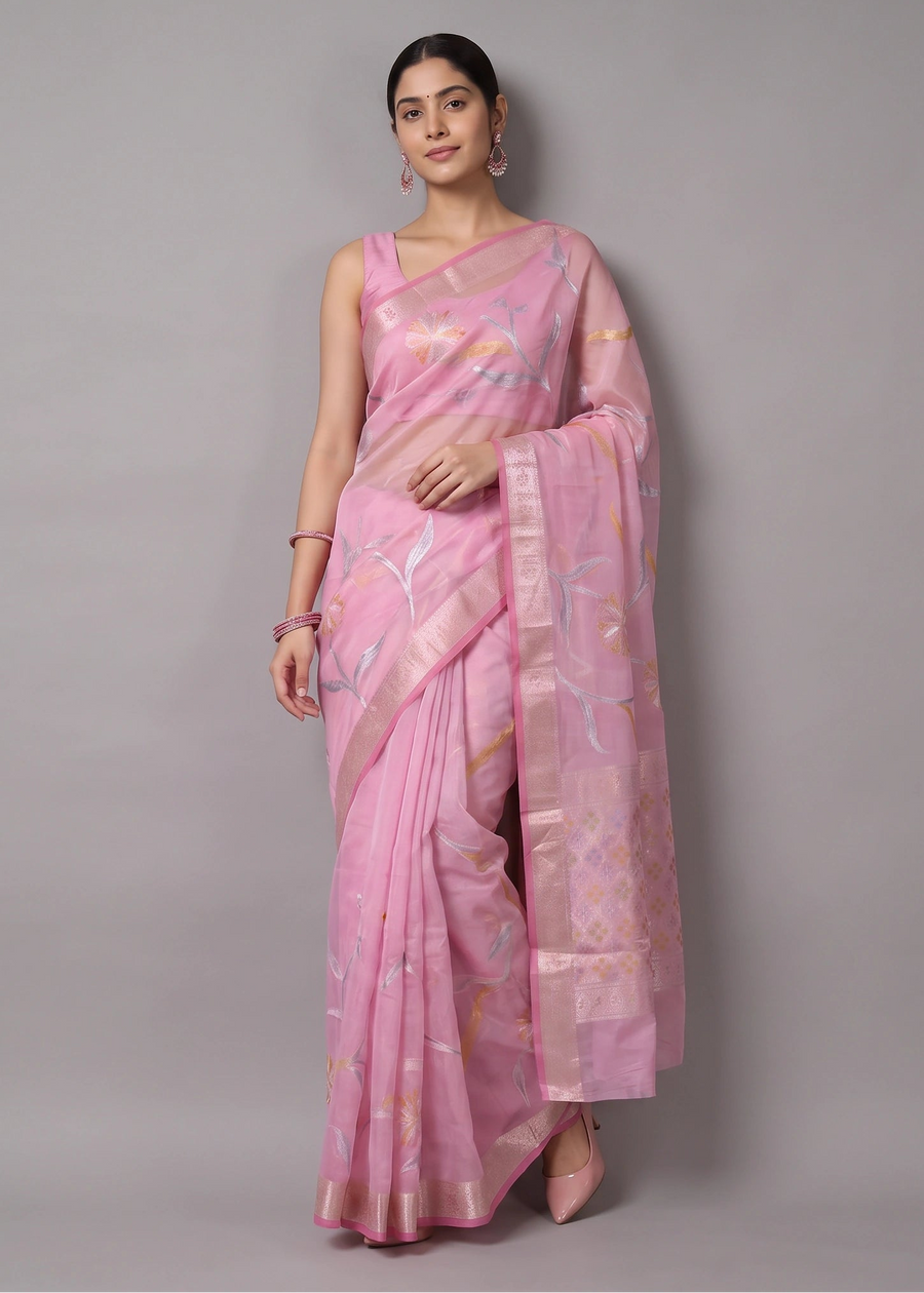 Pink Zari Woven Floral Saree
