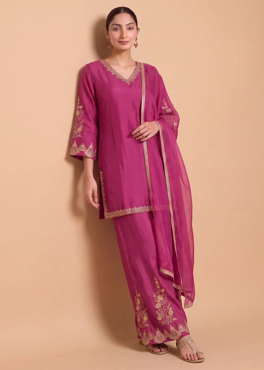 Purple Viscose Embroidered Straight Ethnic Set