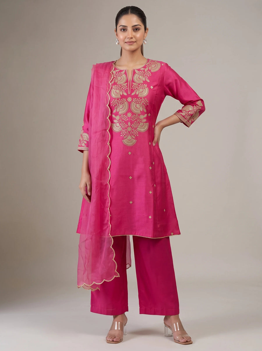 Rani Pink Gadwal Softsilk Embroidered Straight Ethnic Suit Set