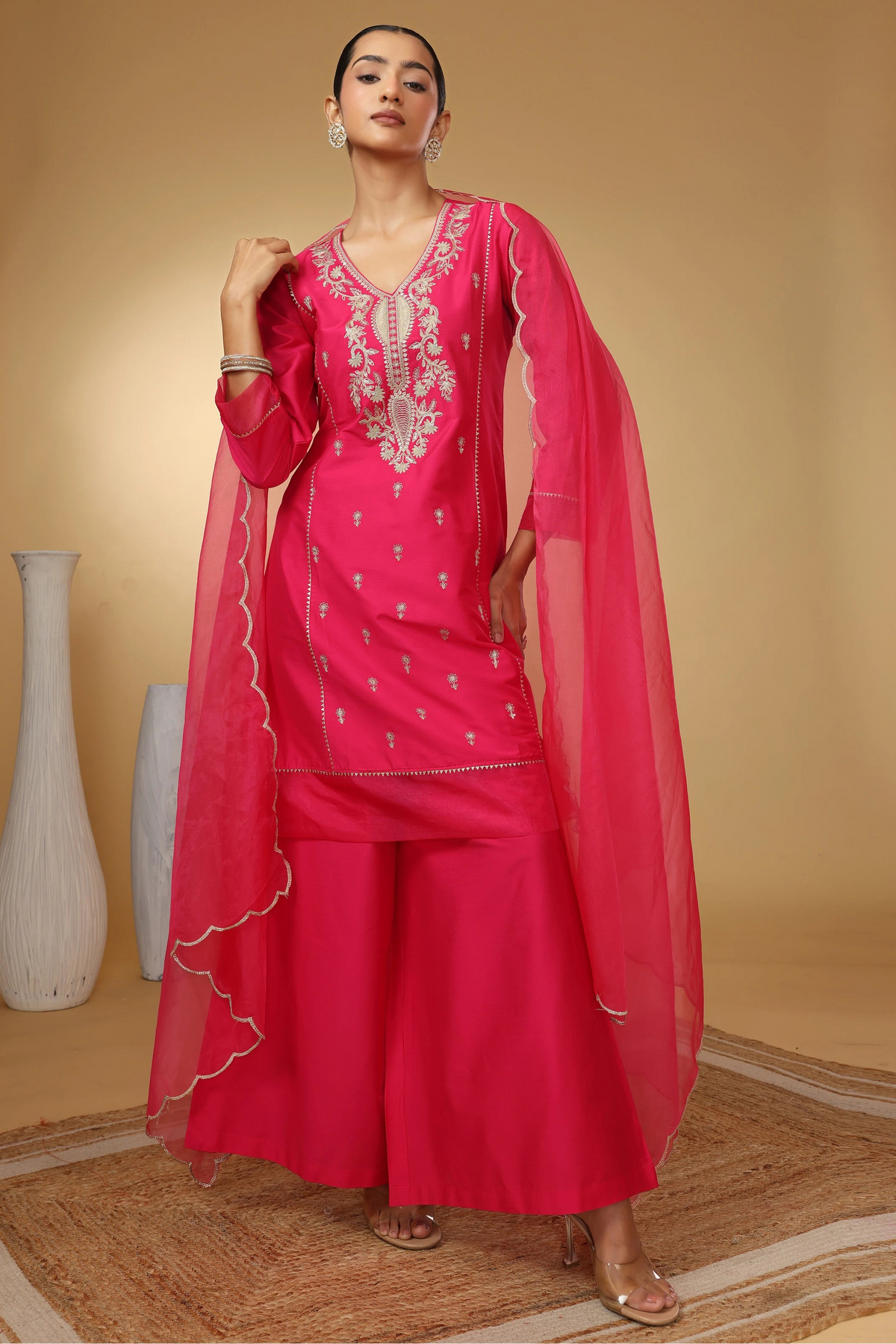 Rani Pink Embroidered Straight Ethnic Suit Set