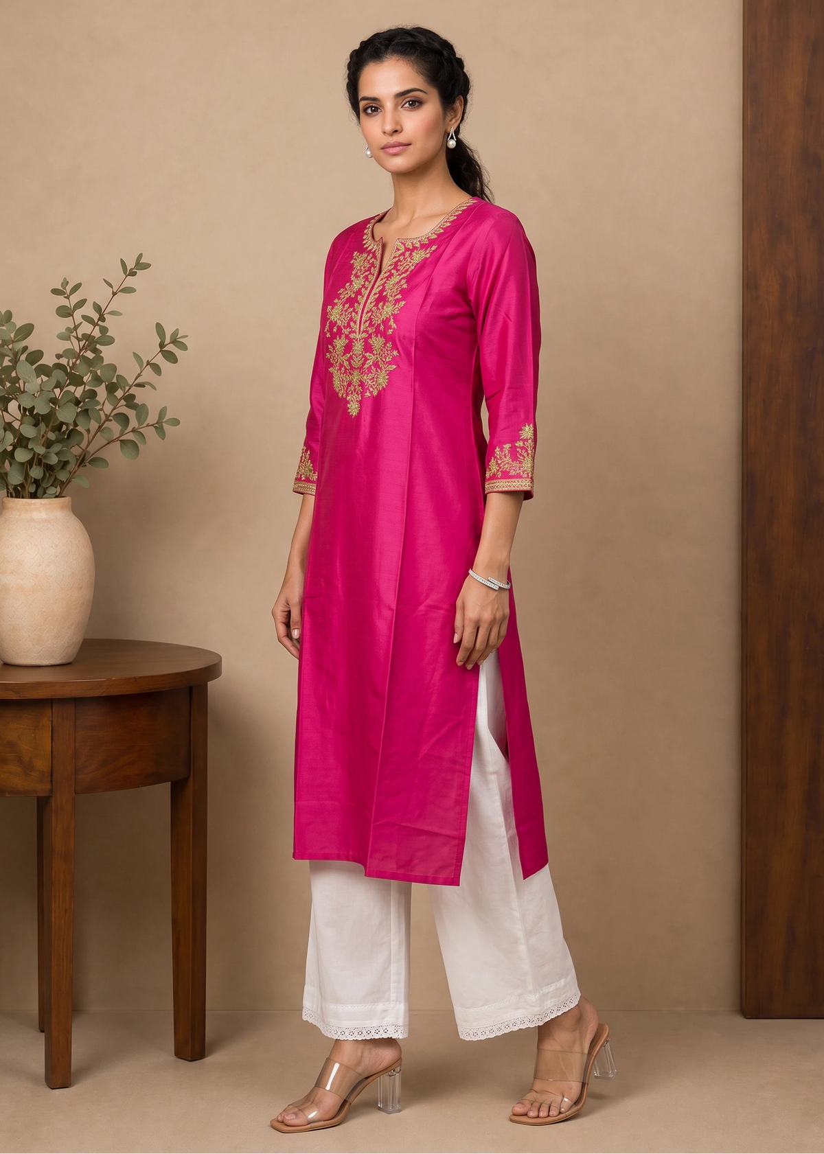Rani Pink Yoke Embroidered Straight Kurta