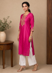 Rani Pink Yoke Embroidered Straight Kurta