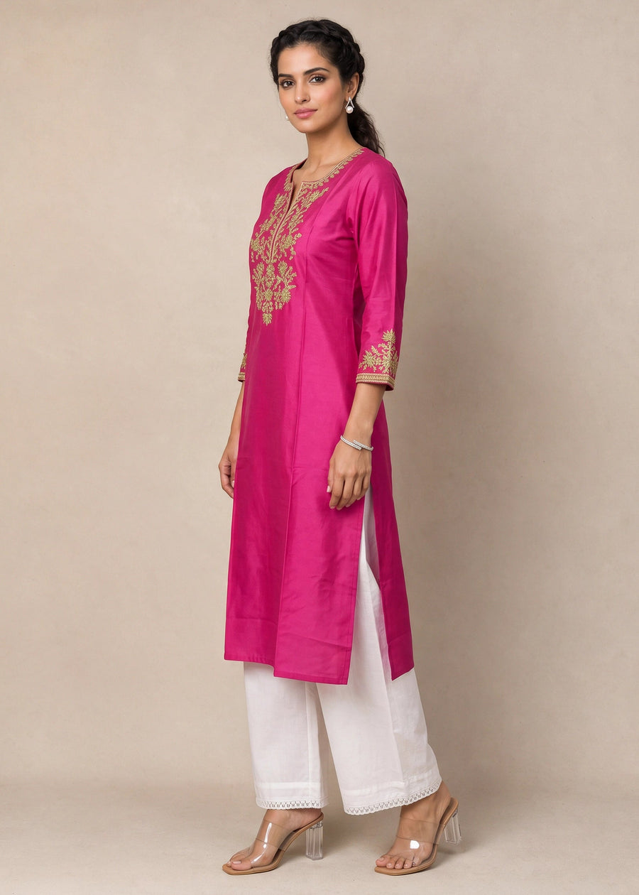 Rani Pink Yoke Embroidered Straight Kurta