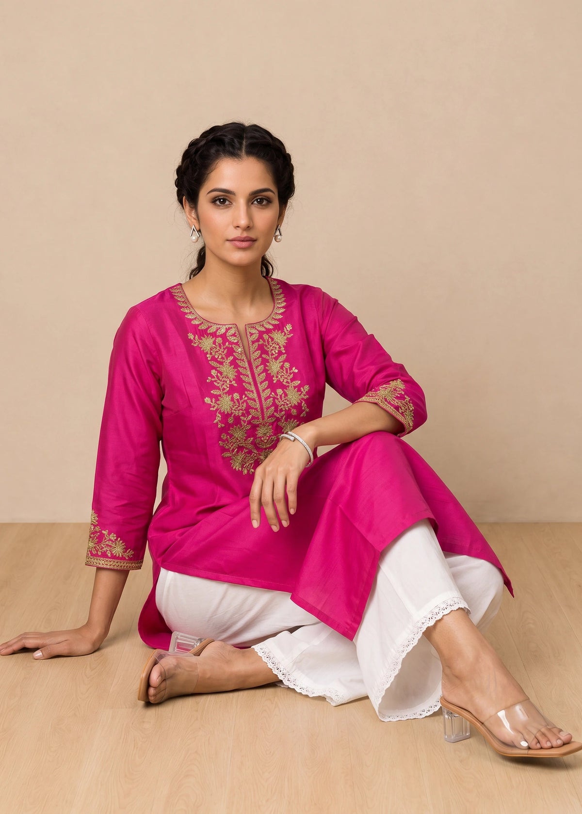 Rani Pink Yoke Embroidered Straight Kurta