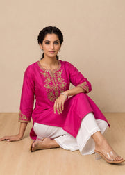 Rani Pink Yoke Embroidered Straight Kurta