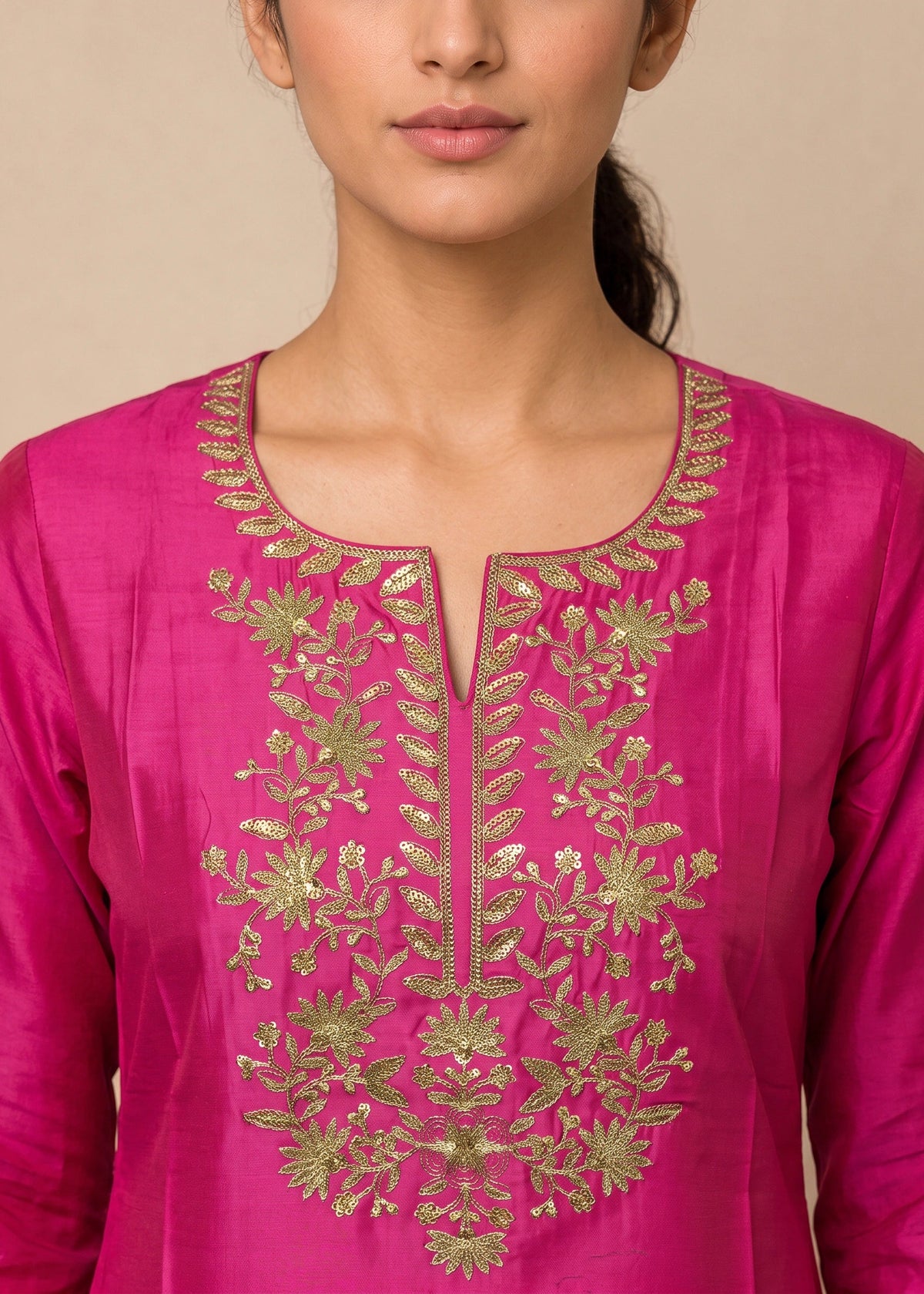 Rani Pink Yoke Embroidered Straight Kurta