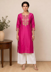 Rani Pink Yoke Embroidered Straight Kurta