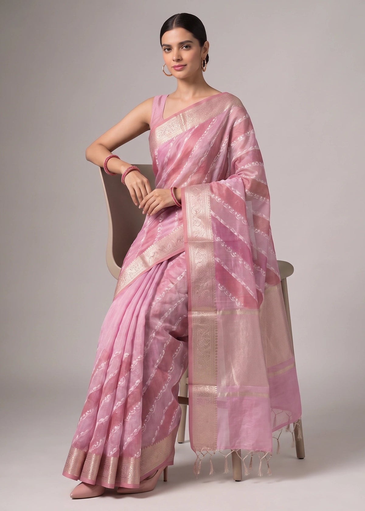 Rani Pink Zari Woven Striped Saree