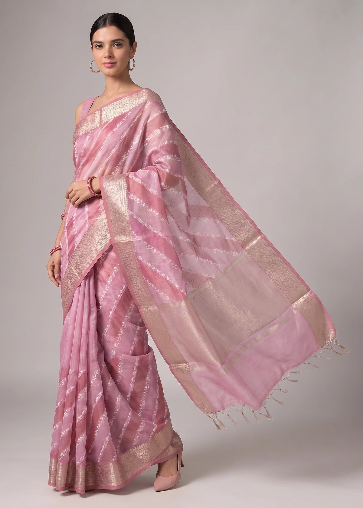 Rani Pink Zari Woven Striped Saree