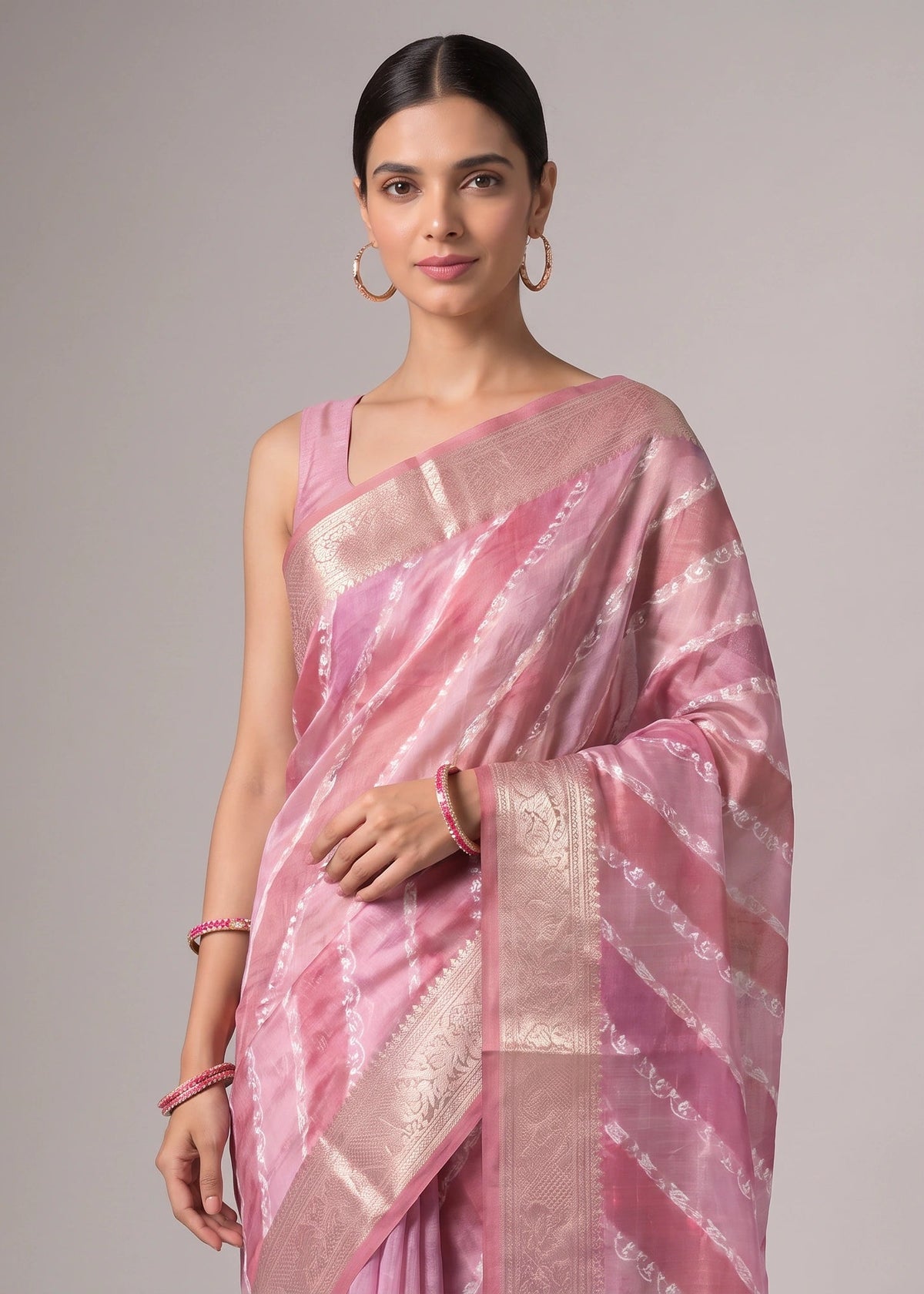 Rani Pink Zari Woven Striped Saree