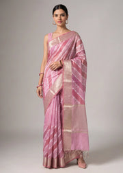 Rani Pink Zari Woven Striped Saree