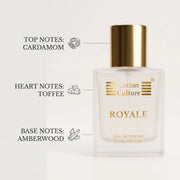 A 50 ml bottle of Cotton Culture Royale Eau de Parfum with a gold cap and clear glass body, shown on a light background with text detailing its scent notes: Cardamom, Toffee, and Amberwood.