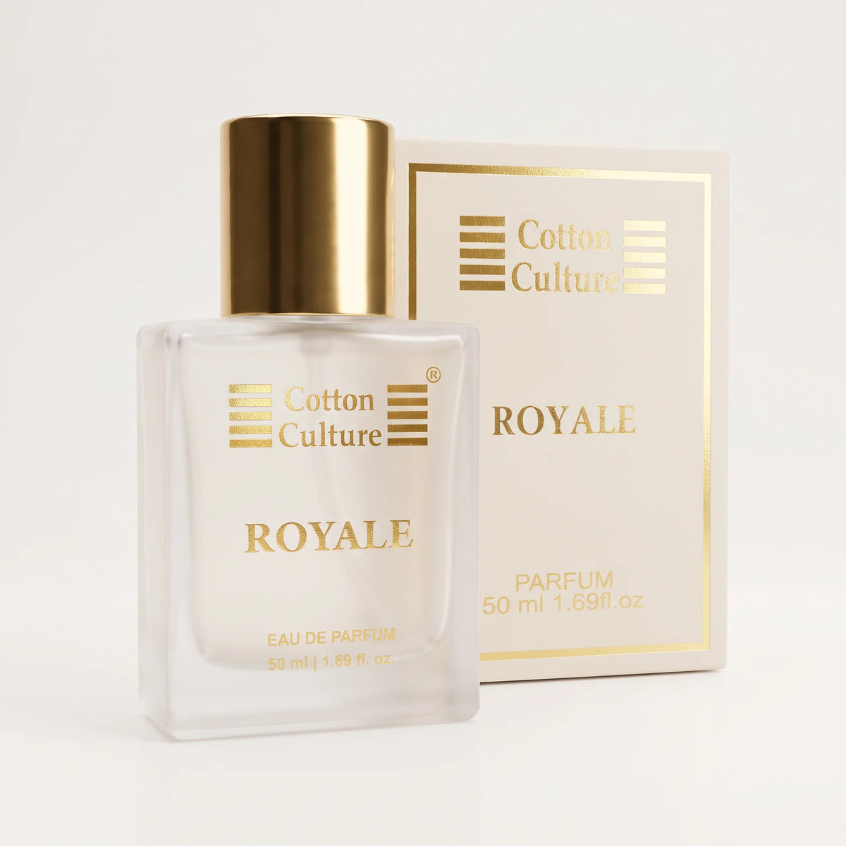 A 50ml bottle of Cotton Culture Royale Eau de Parfum with a gold cap, shown next to its cream-colored packaging box with gold lettering on a clean white background.