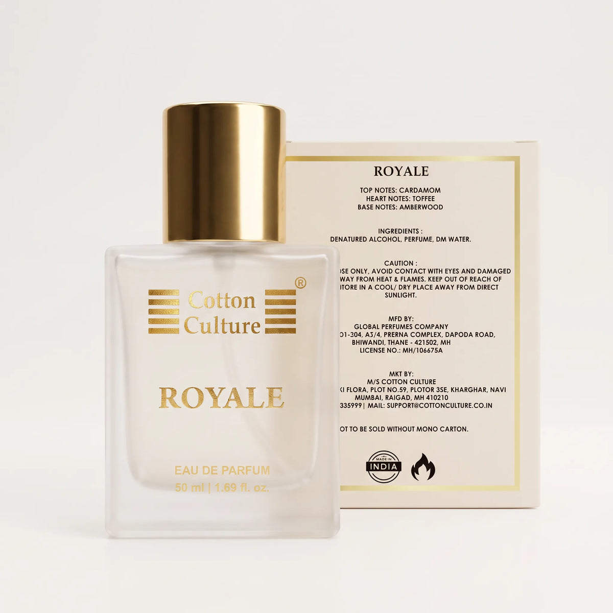 A bottle of Cotton Culture ROYALE Eau de Parfum with a gold cap, shown next to its cream-colored packaging box with gold text and details.