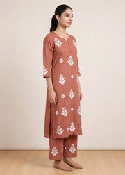 Rust Cotton Chikankari Embroidered Co-ord Set