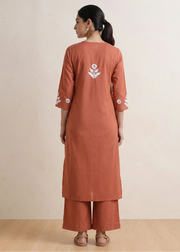 Rust Cotton Chikankari Embroidered Co-ord Set