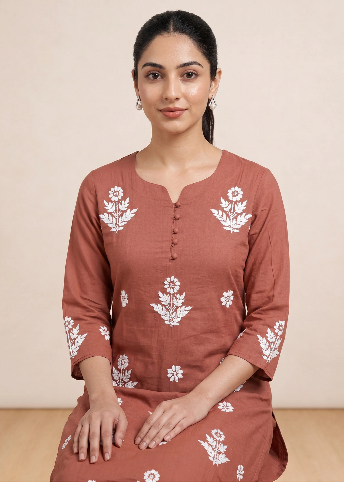 Rust Cotton Chikankari Embroidered Co-ord Set