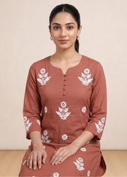 Rust Cotton Chikankari Embroidered Co-ord Set