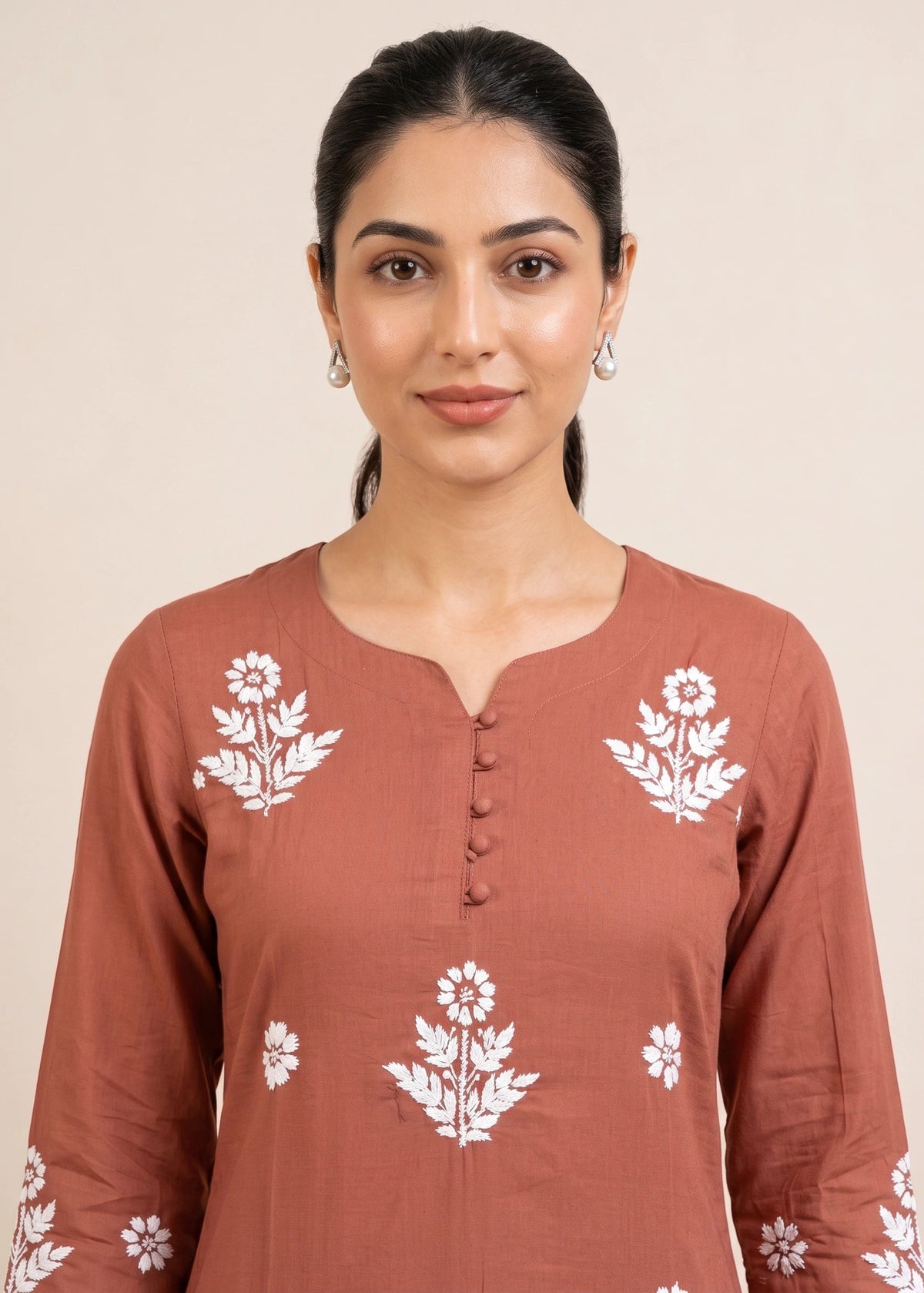 Rust Cotton Chikankari Embroidered Co-ord Set