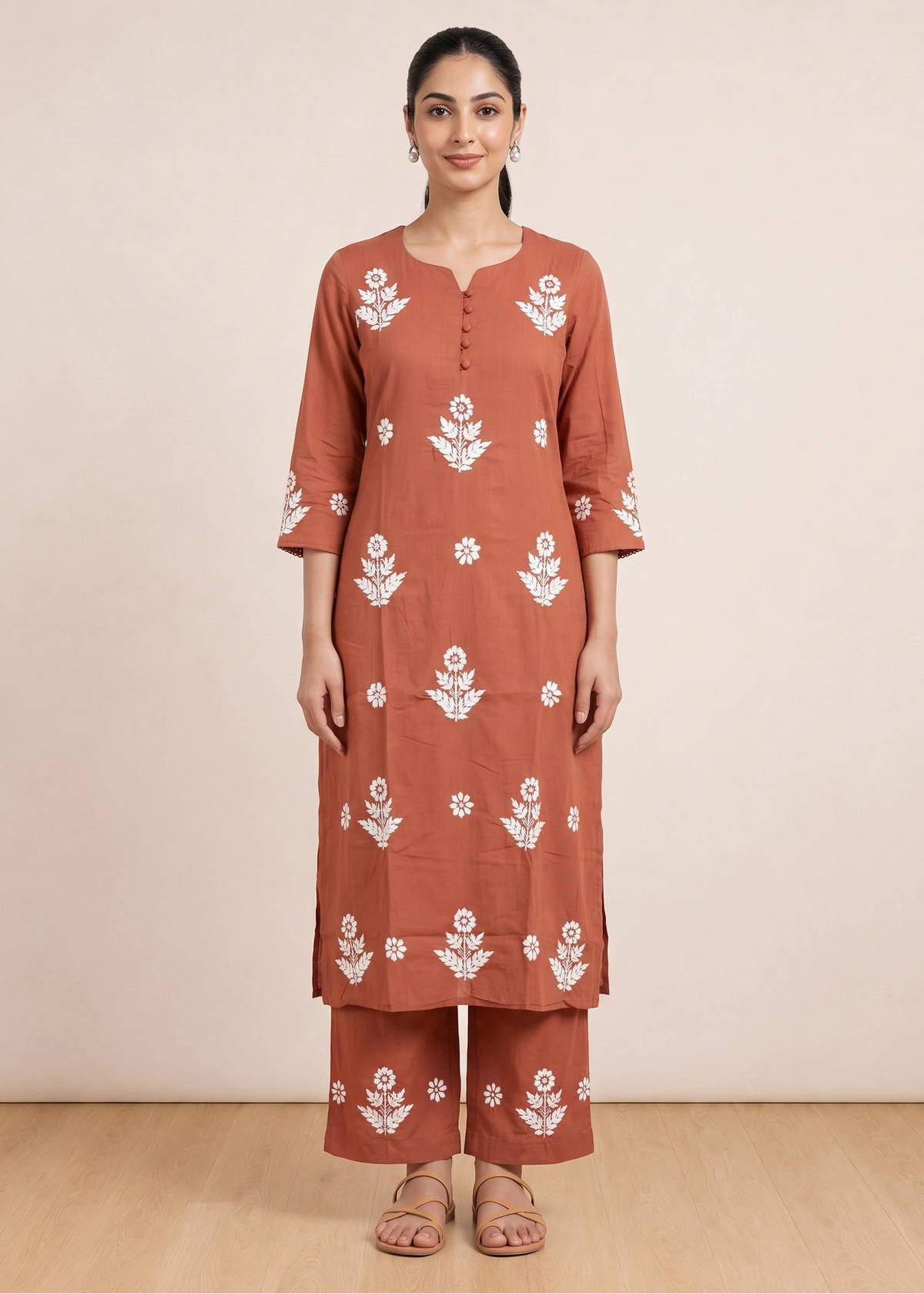 Rust Cotton Chikankari Embroidered Co-ord Set