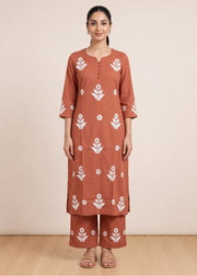 Rust Cotton Chikankari Embroidered Co-ord Set