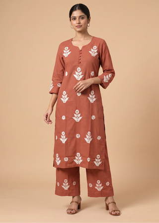 Rust Cotton Chikankari Embroidered Co-ord Set