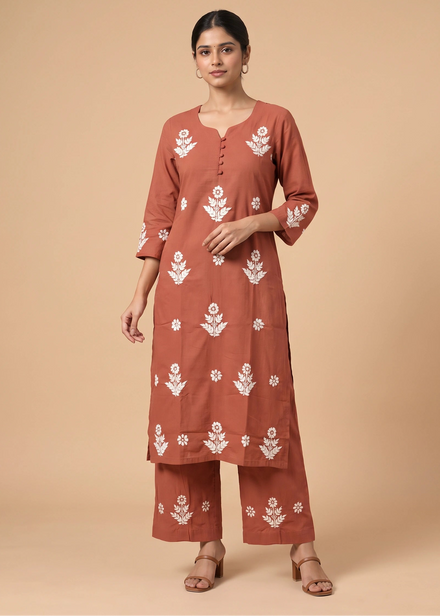 Rust Cotton Chikankari Embroidered Co-ord Set
