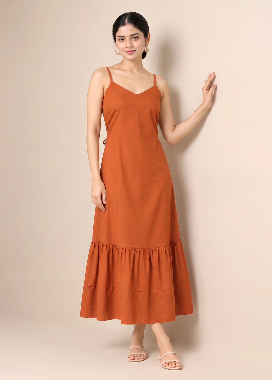 Rust Cotton Solid Flared Sleeveless Kurta