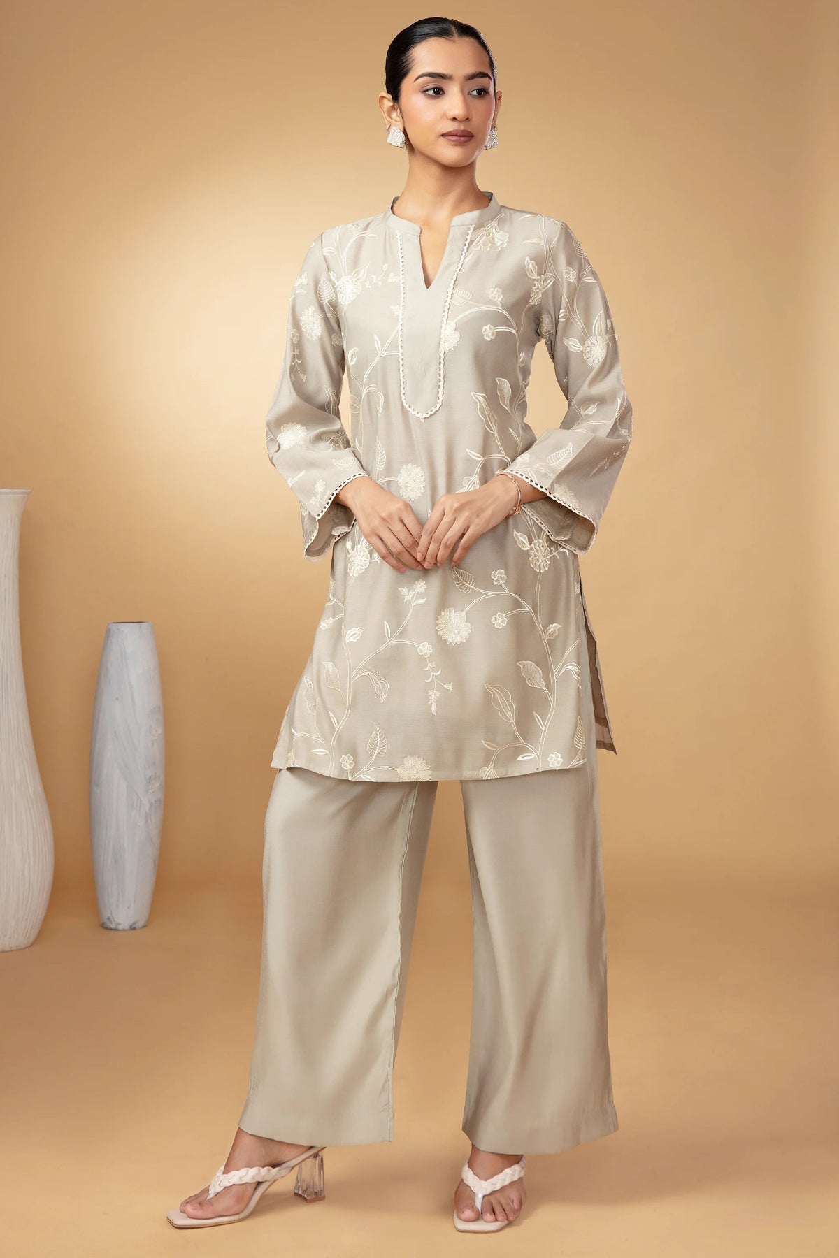 Women Sage Green Embroidered Straight Fit Co-Ord Set