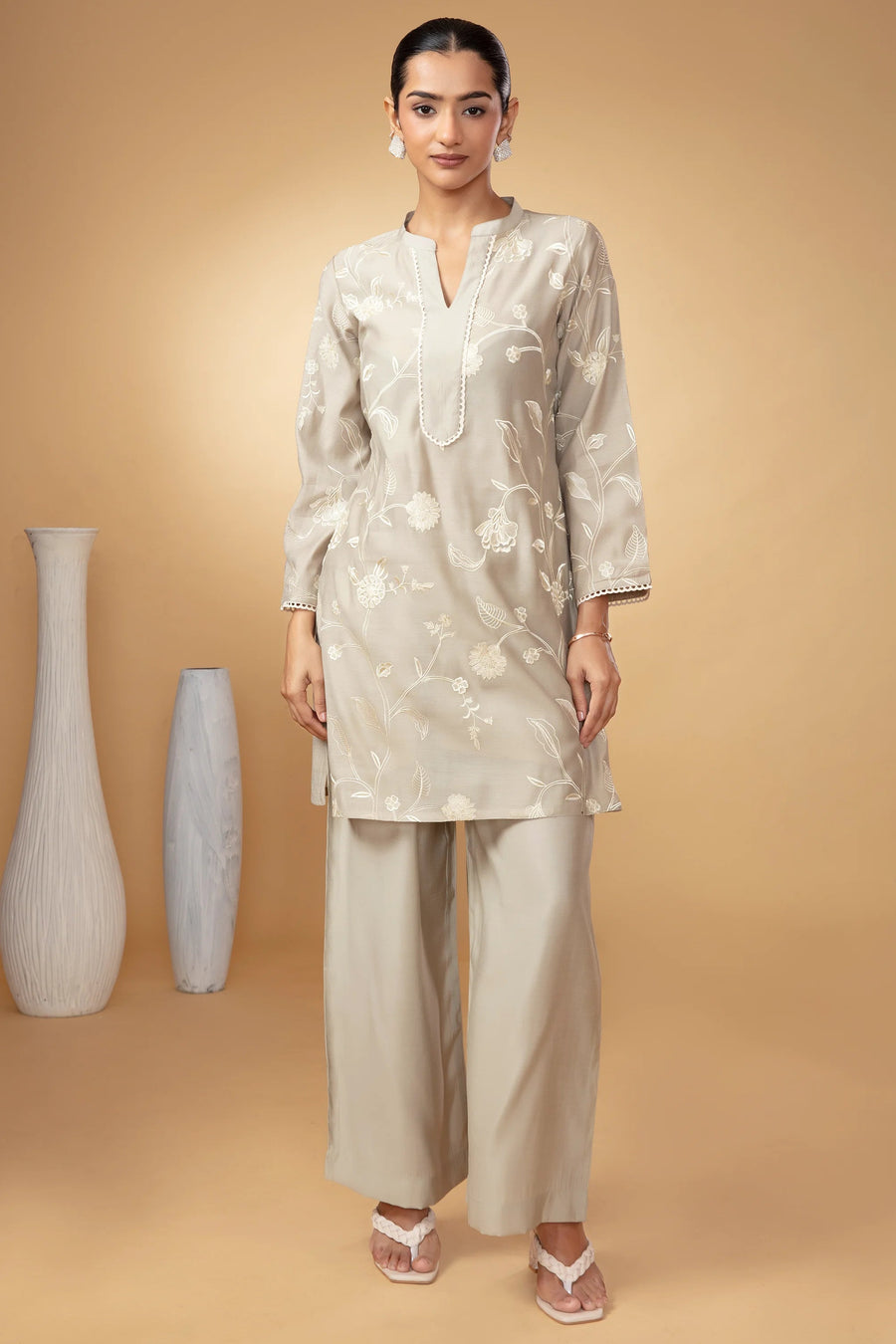 Women Sage Green Embroidered Straight Fit Co-Ord Set