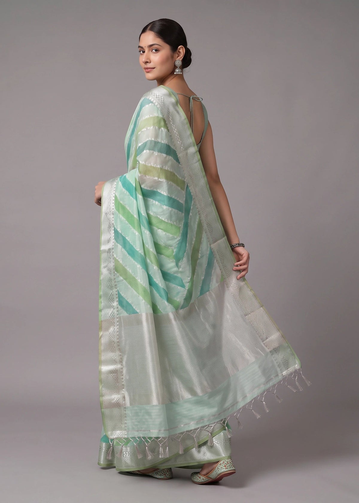 Sea Green Zari Woven Striped Saree