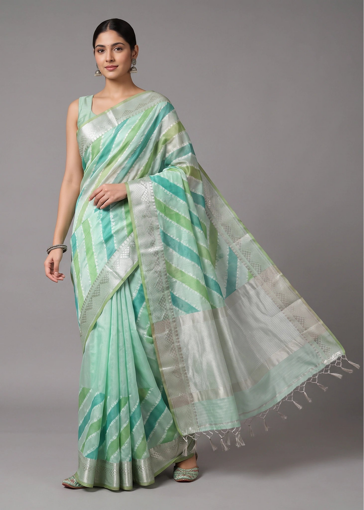 Sea Green Zari Woven Striped Saree