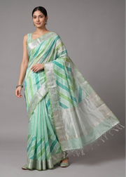 Sea Green Zari Woven Striped Saree