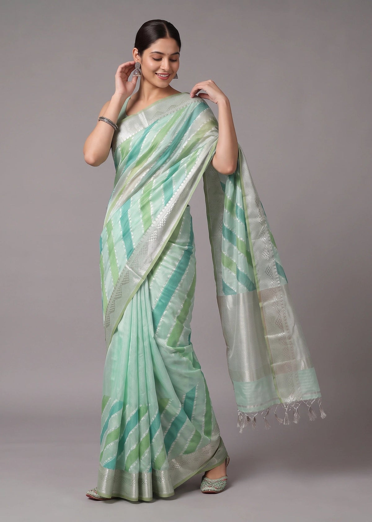 Sea Green Zari Woven Striped Saree